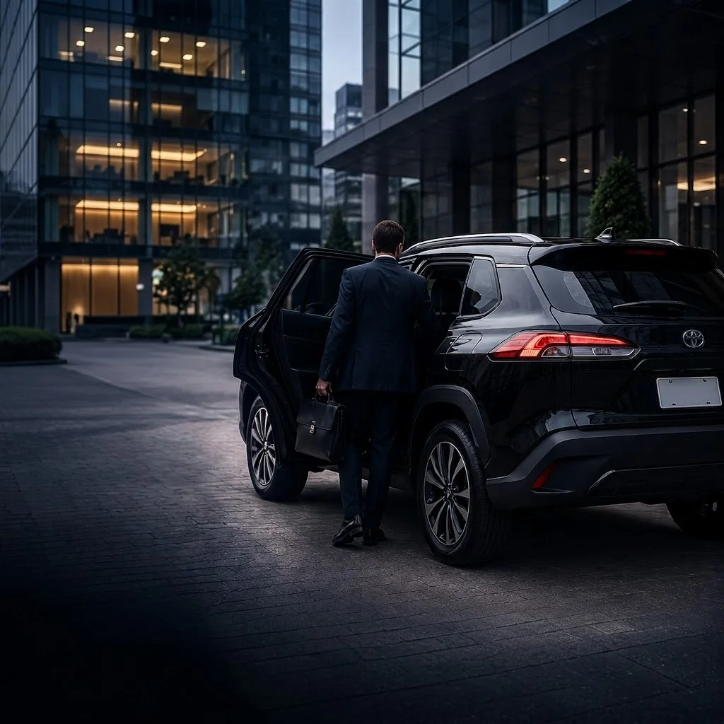 Passageiro executivo embarcando no Toyota Corolla Cross San Marino Transfer